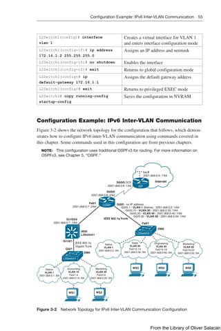 Configuration Example: IPv6 Inter-VLAN Communication 55  
L2Switch1(config)# interface
vlan 1
Creates a virtual interface for VLAN 1
and enters interface configuration mode
L2Switch1(config-if)# ip address
172.16.1.2 255.255.255.0
Assigns an IP address and netmask
L2Switch1(config-if)# no shutdown Enables the interface
L2Switch1(config-if)# exit Returns to global configuration mode
L2Switch1(config)# ip
default-gateway 172.16.1.1
Assigns the default gateway address
L2Switch1(config)# exit Returns to privileged EXEC mode
L2Switch1# copy running-config
startup-config
Saves the configuration in NVRAM
Configuration Example: IPv6 Inter-VLAN Communication
Figure 3-2 shows the network topology for the configuration that follows, which demon-
strates how to configure IPv6 inter-VLAN communication using commands covered in
this chapter. Some commands used in this configuration are from previous chapters.
NOTE: This configuration uses traditional OSPFv3 for routing. For more information on
OSPFv3, see Chapter 5, “OSPF.”
Lo 0
2001:db8:0:A::1/64
S0/0/0 DCE
2001:db8:0:8::1/64
S0/0/0
2001:db8:0:8::2/64
Gi0/0 - no IP address
Gi0/0.1 - VLAN 1 (Native) - 2001:db8:0:2::1/64
Gi0/0.10 - VLAN 30 - 2001:db8:0:30::1/64
Gi0/0.20 - VLAN 40 - 2001:db8:0:40::1/64
Gi0/0.30 - VLAN 50 - 2001:db8:0:50::1/64
IEEE 802.1q Trunk
2960
2960
Fa0/1
Fa0/1
2001:db8:0:7::2/64
Gi1/0/24
2001:db8:0:7::1/64
Gi1/0/1
Gi0/1
IEEE 802.1q
Gigabit Trunk
3650
L3Switch1
Internet
Native
VLAN 1
2001:db8:0:1::/64
Accounting
VLAN 10
Fa0/1-4
2001:db8:0:10::/64
Marketing
VLAN 20
Fa0/5-8
2001:db8:0:20::/64
Native
VLAN 1
2001:db8:0:2::/64
Sales
VLAN 30
Fa0/12-14
2001:db8:0:30::/64
Engineering
VLAN 40
Fa0/15-18
2001:db8:0:40::/64
Marketing
VLAN 50
Fa0/19-22
2001:db8:0:50::/64
WS1 WS2
WS3 WS4 WS5
L2Switch2
L2Switch1
CORP
ISP
Figure 3-2 Network Topology for IPv6 Inter-VLAN Communication Configuration
From the Library of Oliver Salacan
 