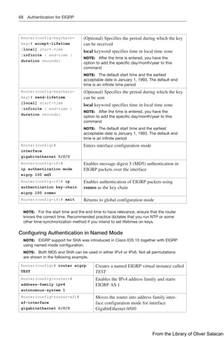 68 Authentication for EIGRP
Router(config-keychain-
key)# accept-lifetime
[local] start-time
{infinite | end-time |
duration seconds}
(Optional) Specifies the period during which the key
can be received
local keyword specifies time in local time zone
NOTE: After the time is entered, you have the
option to add the specific day/month/year to this
command
NOTE: The default start time and the earliest
acceptable date is January 1, 1993. The default end
time is an infinite time period
Router(config-keychain-
key)# send-lifetime
[local] start-time
{infinite | end-time |
duration seconds}
(Optional) Specifies the period during which the key
can be sent
local keyword specifies time in local time zone
NOTE: After the time is entered, you have the
option to add the specific day/month/year to this
command
NOTE: The default start time and the earliest
acceptable date is January 1, 1993. The default end
time is an infinite period
Router(config)#
interface
gigabitethernet 0/0/0
Enters interface configuration mode
Router(config-if)#
ip authentication mode
eigrp 100 md5
Enables message digest 5 (MD5) authentication in
EIGRP packets over the interface
Router(config-if)# ip
authentication key-chain
eigrp 100 romeo
Enables authentication of EIGRP packets using
romeo as the key chain
Router(config-if)# exit Returns to global configuration mode
NOTE: For the start time and the end time to have relevance, ensure that the router
knows the correct time. Recommended practice dictates that you run NTP or some
other time-synchronization method if you intend to set lifetimes on keys.
Configuring Authentication in Named Mode
NOTE: EIGRP support for SHA was introduced in Cisco IOS 15 together with EIGRP
using named mode configuration.
NOTE: Both MD5 and SHA can be used in either IPv4 or IPv6. Not all permutations
are shown in the following example.
Router(config)# router eigrp
TEST
Creates a named EIGRP virtual instance called
TEST
Router(config-router)#
address-family ipv4
autonomous-system 1
Enables the IPv4 address family and starts
EIGRP AS 1
Router(config-router-af)#
af-interface
gigabitethernet 0/0/0
Moves the router into address family inter-
face ­
configuration mode for interface
GigabitEthernet 0/0/0
From the Library of Oliver Salacan
 