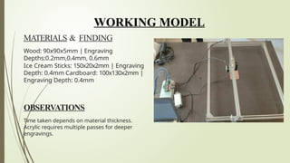 WORKING MODEL
MATERIALS & FINDING
Wood: 90x90x5mm | Engraving
Depths:0.2mm,0.4mm, 0.6mm
Ice Cream Sticks: 150x20x2mm | Engraving
Depth: 0.4mm Cardboard: 100x130x2mm |
Engraving Depth: 0.4mm
OBSERVATIONS
Time taken depends on material thickness.
Acrylic requires multiple passes for deeper
engravings.
 