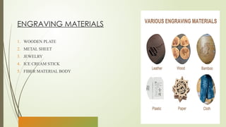ENGRAVING MATERIALS
1. WOODEN PLATE
2. METAL SHEET
3. JEWELRY
4. ICE CREAM STICK
5. FIBER MATERIAL BODY
 