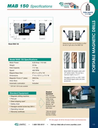 MAB 150                                  Specifications                                    Made in Germany
                                                                                                 Powered by




                                                                                                                                 Cutter capacity
                                                                                                                                   1 1/2" dia.


                         12.87"                                7.44"




                                                                                                                                               PORTABLE MAGNETIC DRILLS
 7.09"




    1.73"
         1.30"           6.30"                         3.15"



Model MAB 150                                                                                 Advancing lever can be mounted on either
                                                                                              the left or right side of the MAB 150.




 Model MAB 150 Specifications
 Motor Power                              9.25 Amp / 110 Volt
 Weight                                   24 lbs.
 Hole Capacity                            11/2" dia.
 Speed                                    400 RPM                                               Model MAB 150 accepts cutters with
 Magnet Base Size                         65/16" L x 33/16" W                                   3/4" weldon shank. This unit has a
                                                                                                maximum depth of cut of 1".
 Dimensions                               7" H x 127/8" L x 71/2" W
 Magnetic Force (1" plate)                2640 lbs.                                             See pages 32-49 for our HSS, TiAlN
                                                                                                and Carbide-tipped cutters and other
 Arbor Bore                               3/4"
                                                                                                accessories.
 Automatic Lubrication                    Included
 * 220 Volt / 50 Hz also available


                                                                 Standard
 Standard Equipment                                              Equipment
 1 Magnetic drilling machine                                     also includes
                                                                 auto lubrication,
 1 Pilot pin                                                     safety strap,
 1 Steel shipping case†                                          carabin hook,
                                                                 gloves, safety
 1 Safety chain                                                  glasses, ear
 1 Hexagon socket screw key SW 4                                 protection and
                                                                 allen keys.
 1 Operating manual
                                                                 † Steel
                                                                       case intended
 1 Warranty certificate                                          mainly for shipping
                                                                 purposes; damage
                                                                 may occur in transit.


                                                                           ® See pages 32-49 for Annular Cutters and Accessories.


                                     •    1-800-700-5919           •        Visit our Web site at www.csunitec.com                              13
 