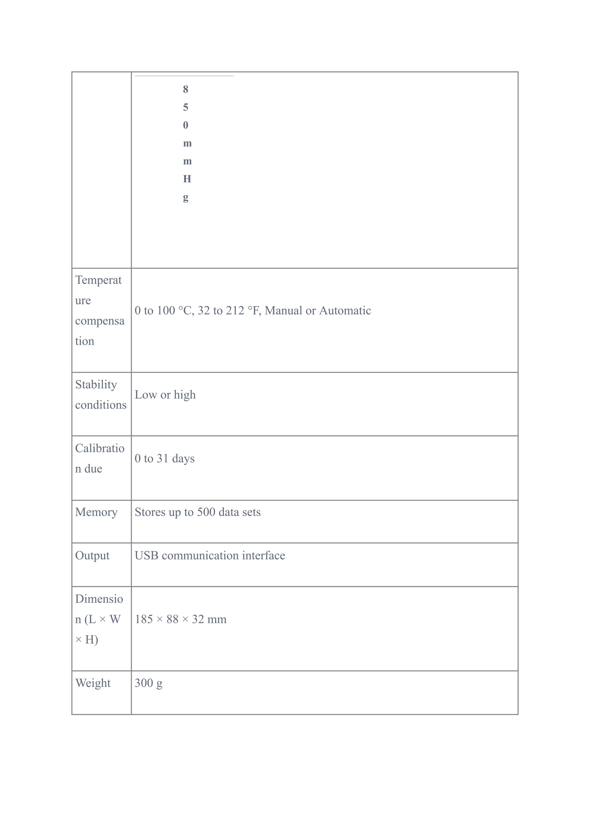 8
5
0
m
m
H
g
Temperat
ure
compensa
tion
0 to 100 °C, 32 to 212 °F, Manual or Automatic
Stability
conditions
Low or high
Calibratio
n due
0 to 31 days
Memory Stores up to 500 data sets
Output USB communication interface
Dimensio
n (L × W
× H)
185 × 88 × 32 mm
Weight 300 g
 