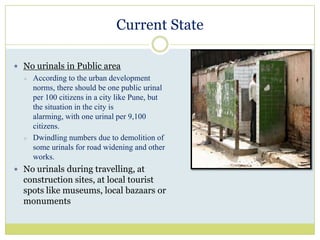 Current StateNo urinals in Public areaAccording to the urban development norms, there should be one public urinal per 100 citizens in a city like Pune, but the situation in the city is alarming, with one urinal per 9,100 citizens.