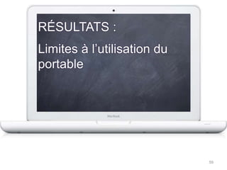 Corrélations positives / négatives significatives*(+) Avec échelle « Enjoyment »Plaisir / intérêt à enseigner avec un ordinateur portable(+) Avec échelle « Productivity »Compétence / performance à enseigner avec un ordinateur portableFormation académique aux TIC en lien direct avec utilisation en stages58
