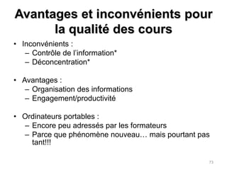 Utilisation du portable en stagesUtilisation davantage organisationnelle que pédagogiqueCohérence entre : 	Formation académique - intérêt / compétence - utilisation en stageLimites de nature infrastructurelle ET formative72