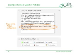 Example: sharing a widget on Netvibes




Copy of the
Widget
configuration




 14                                       www.role-project.eu/mupple09
 