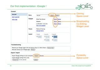 Our first implementation: iGoogle !


                                             Cloning
                                             Space Level

                                             Broadcasting
                                             Co-Editing
                                             Widget Level




                                             Portability
                                             Space Level


15                                    www.role-project.eu/mupple09
 