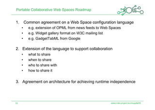 Portable Collaborative Web Spaces Roadmap


1.  Common agreement on a Web Space configuration language
     •    e.g. extension of OPML from news feeds to Web Spaces
     •    e.g. Widget gallery format on W3C mailing list
     •    e.g. GadgetTabML from Google

2.  Extension of the language to support collaboration
     •    what to share
     •    when to share
     •    who to share with
     •    how to share it


3.  Agreement on architecture for achieving runtime independence




19                                                      www.role-project.eu/mupple09
 