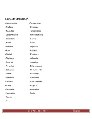 Lluvia de Ideas (LUP)
-Herramientas           -Componentes

-Artefacto              -Investigar

-Maquetas               -Pensamiento

-Concentración          -Funcionamiento

-Grabadora              -Equipo

-Motor                  -Avión

-Robótica               -Objetivos

-Agua                   -Respeto

-Ciudad                 -Enseñanza

-Planteles              -Artefacto

-Mejorías               -Aparatos

-Mecánica               -Enfermedades

-Estructura             -Comunicación

-Robots                 -Conciencia

-Portafolio             -Accidentes

-Limpieza               -Computadores

-Trabajo                -Proyecto

-Desarrollo             -Creatividad

-Neumática              -Radio

-Manejo

-Ideas




                    LOS ALIADOS 2012      Página 1
 