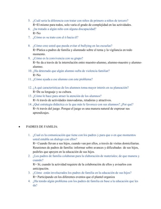5. ¿Cuál seria la diferencia con tratar con niños de primero a niños de tercero?
    R=El mismo para todos, solo varia el grado de complejidad en las actividades.
 6. ¿ha tratado a algún niño con alguna discapacidad?
    R=No
 7. ¿Cómo es su trato con el ó hacia él?

 8. ¿Cómo cree usted que pueda evitar el bullying en las escuelas?
     R=Platica a padres de familia y alumnado sobre el tema y la vigilancia en todo
     momento.
 9. ¿Cómo es la convivencia con su grupo?
     R=Se da a través de la interrelación entre maestro-alumno, alumno-maestro y alumno-
     alumno.
 10. ¿Ha detectado que algún alumno sufra de violencia familiar?
     R=No
 11. ¿Cómo ayuda a ese alumno con este problema?

 12. ¿A qué características de los alumnos toma mayor interés en su planeación?
     R=De su lenguaje y su cultura.
 13. ¿Cómo le hace para atraer la atención de los alumnos?
     R=A través de actividades innovadoras, retadoras y atractivos.
 14. ¿Qué estrategia didáctica es la que más le favorece con sus alumnos? ¿Por qué?
     R=A través del juego. Porque el juego es una manera natural de expresar sus
     aprendizajes.



PADRES DE FAMILIA:

 1. ¿Cual es la comunicación que tiene con los padres y para que o en que momentos
    usted entabla un dialogo con ellos?
    R= Cuando llevan a sus hijos, cuando van por ellos, a través de visitas domiciliarias.
    Reuniones de padres de familia: informar sobre avances y dificultades de sus hijos,
    pedirles que apoyen en la educación de sus hijos.
 2. ¿Los padres de familia colaboran para la elaboración de materiales; de que manera y
    cuando?
    R= Si, cuando la actividad requiere de la colaboración de ellos y avisarlos con
    anticipación.
 3. ¿Cómo están involucrados los padres de familia en la educación de sus hijos?
    R= Participando en los diferentes eventos que el plantel organiza
 4. ¿Ha tenido algún problema con los padres de familia en base a la educación que les
    da?
 