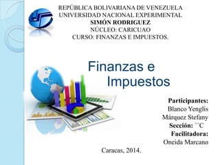 REPÚBLICA BOLIVARIANA DE VENEZUELA
UNIVERSIDAD NACIONAL EXPERIMENTAL
SIMÓN RODRIGUEZ
NÚCLEO: CARICUAO
CURSO: FINANZAS E IMPUESTOS.
Finanzas e
Impuestos
Participantes:
Blanco Yenglis
Márquez Stefany
Sección: ``C
Facilitadora:
Oneida Marcano
Caracas, 2014.
 