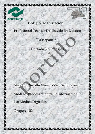 Colegio De Educación
ProfesionalTécnica DelEstado De México
Tlalnepantla 1
Portada De Trabajos
Alumna:Portillo NoveloValeriaBerenice
Modulo:ProcesamientoDeInformación:
PorMediosDigitales
Grupos:102
 