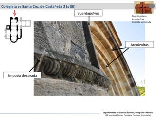 Colegiata de Santa Cruz de Castañeda 2 (s XII) Guardapolvos Imposta decorada Guardapolvos Arquivoltas Imposta decorada Arquivoltas Departamento de Ciencias Sociales, Geografía e Historia IES Juan José Gómez Quintana (Suances, Cantabria) 