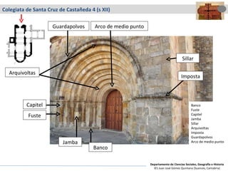 Colegiata de Santa Cruz de Castañeda 4 (s XII) Arquivoltas Guardapolvos Capitel Imposta Arco de medio punto Sillar Banco Jamba Fuste Banco Fuste Capitel Jamba Sillar Arquivoltas Imposta Guardapolvos Arco de medio punto Departamento de Ciencias Sociales, Geografía e Historia IES Juan José Gómez Quintana (Suances, Cantabria) 