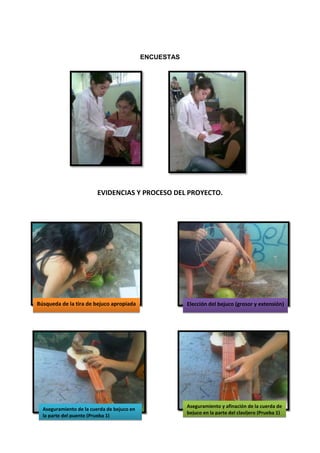 ENCUESTAS

EVIDENCIAS Y PROCESO DEL PROYECTO.

Búsqueda de la tira de bejuco apropiada

Aseguramiento de la cuerda de bejuco en
la parte del puente (Prueba 1)

Elección del bejuco (grosor y extensión)

Aseguramiento y afinación de la cuerda de
bejuco en la parte del clavijero (Prueba 1)

 