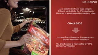 As a leader in the frozen pizza category,
DiGiorno wanted to be the 1st in speaking to
Hispanics in ways they could connect and relate
CHALLENGE
Increase Brand Relevance, Engagement and
Hispanic Household Penetration
The Brand wanted to incorporating a TOTAL
MARKET APPROACH
 