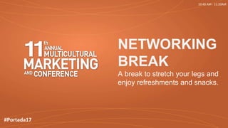 NETWORKING
BREAK
A break to stretch your legs and
enjoy refreshments and snacks.
#Portada17
10:40 AM - 11:20AM
 