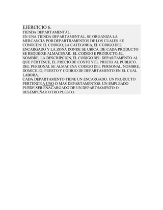 EJERCICIO 6.
TIENDA DEPARTAMENTAL.
EN UNA TIENDA DEPARTAMENTAL, SE ORGANIZA LA
MERCANCIA POR DEPARTRAMENTOS DE LOS CUALES ...