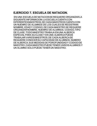 EJERCICIO 7. ESCUELA DE NATACION.
EN UNA ESCUELA DE NATACIONSE REQUIERE ORGANIZARLA
SIGUIENTE INFORMACION:LA ESCUELA CUENT...