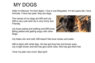 Hello I'm Manuel. I'm from Spain. I live in Les Roquetes. I'm ten years old. I love
Animals. I have two pets: they are dog...