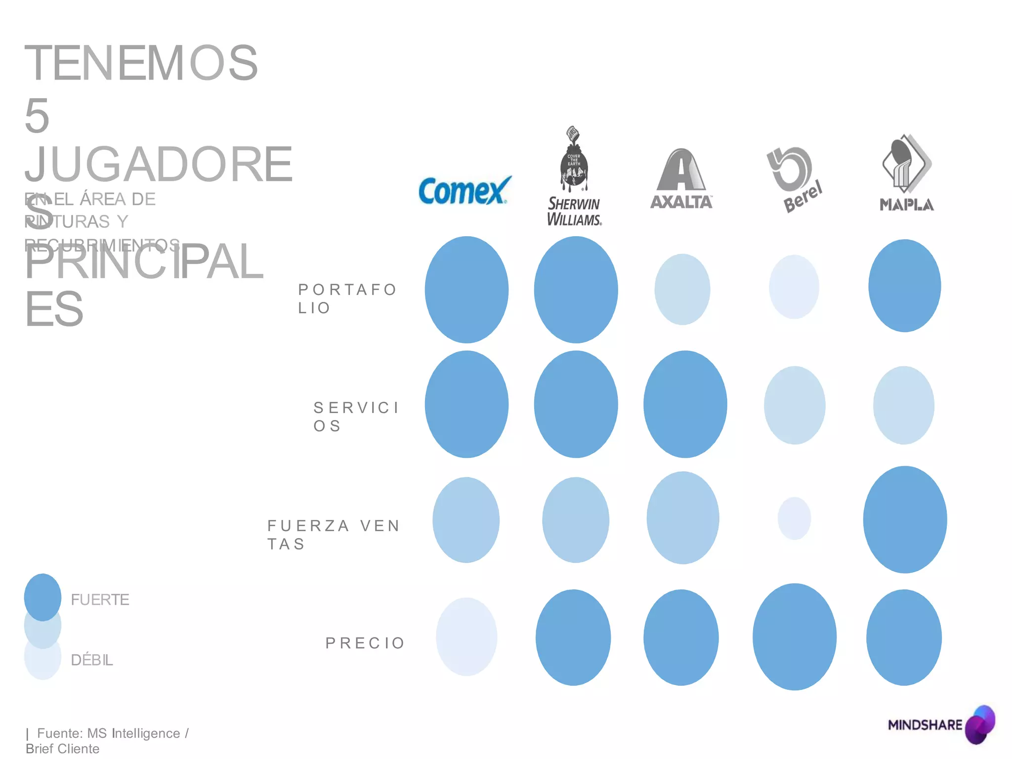 TENEMOS
5
JUGADORE
S
PRINCIPAL
ES
EN EL ÁREA DE
PINTURAS Y
RECUBRIMIENTOS
| Fuente: MS Intelligence /
Brief Cliente
P O R T A F O
L I O
S E R V I C I
O S
F U E R Z A V E N
T A S
FUERTE
P R E C I O
DÉBIL
 