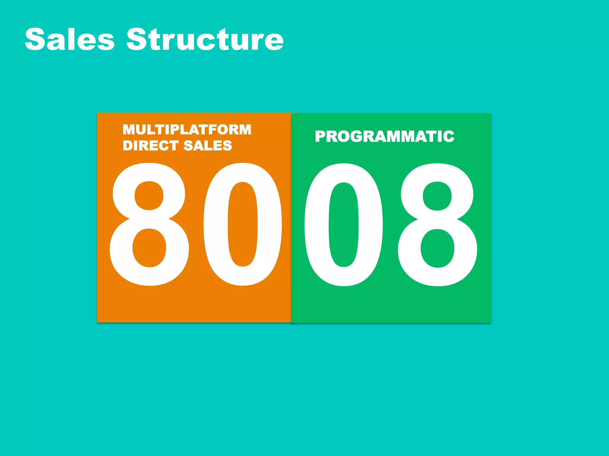 Sales Structure
8008
MULTIPLATFORM
DIRECT SALES
PROGRAMMATIC
 