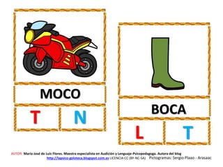MOCO
T N BOCA
L T
AUTOR: María José de Luis Flores. Maestra especialista en Audición y Lenguaje-Psicopedagoga. Autora del blog
http://lapsico-goloteca.blogspot.com.es LICENCIA CC (BY-NC-SA) Pictogramas: Sergio Plaao - Arasaac
 