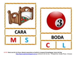 CARA
M S BODA
C L
AUTOR: María José de Luis Flores. Maestra especialista en Audición y Lenguaje-Psicopedagoga. Autora del blog
http://lapsico-goloteca.blogspot.com.es LICENCIA CC (BY-NC-SA) Pictogramas: Sergio Plaao - Arasaac
 