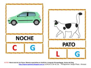 NOCHE
C G PATO
L G
AUTOR: María José de Luis Flores. Maestra especialista en Audición y Lenguaje-Psicopedagoga. Autora del blog
http://lapsico-goloteca.blogspot.com.es LICENCIA CC (BY-NC-SA) Pictogramas: Sergio Plaao - Arasaac
 
