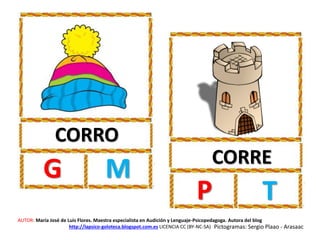 CORRO
G M CORRE
P T
AUTOR: María José de Luis Flores. Maestra especialista en Audición y Lenguaje-Psicopedagoga. Autora del blog
http://lapsico-goloteca.blogspot.com.es LICENCIA CC (BY-NC-SA) Pictogramas: Sergio Plaao - Arasaac
 