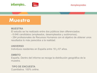 MUESTRA
El estudio se ha realizado entre dos públicos bien diferenciados:
- 6.646 candidatos (empleados, desempleados y autónomos).
- 284 profesionales de Recursos Humanos con el objetivo de obtener unos
resultados lo más parecidos a la realidad.
UNIVERSO
Individuos residentes en España entre 18 y 67 años.
ÁMBITO
España. Dentro del Informe se recoge la distribución geográfica de la
muestra.
TIPO DE ENCUESTA
Cuantitativa. 100% online.
Muestra
 