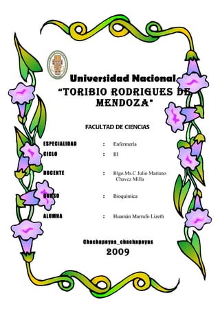 Universidad Nacional
        “ TORIBIO RODRIGUES DE
                MENDOZA "

               FACULTAD DE CIENCIAS

ESPECIALIDAD         :    Enfermería
CICLO                :    III


DOCENTE              :    Blgo.Ms.C Julio Mariano
                           Chavez Milla


CURSO                :    Bioquímica


ALUMNA               :    Huamàn Marrufo Lizeth



               Chachapoyas_chachapoyas

                         2009
 