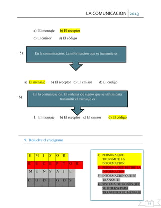 LA COMUNICACION 2013
14
a) El mensaje b) El receptor
c) El emisor d) El código
5)
a) El mensaje b) El receptor c) El emisor d) El código
6)
1. El mensaje b) El receptor c) El emisor d) El código
9. Resuelve el crucigrama
E M I S O R
R E C E P T O R
M E N S A J E
C O D I G O S
En la comunicación. La información que se transmite es
En la comunicación. El sistema de signos que se utiliza para
transmitir el mensaje es
1) PERSONA QUE
TRENSMITE LA
INFORMACION
2) PERSONA QUE RECIBE LA
INFORMACION
3) INFORMACION QUE SE
TRANSMITE
4) SISTEMA DE SIGNOS QUE
SE UTILIZA PARA
TRANSFERIR EL MENSAJE
 