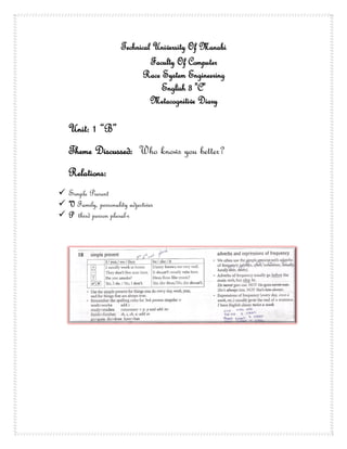 Technical University Of Manabi
                               Faculty Of Computer
                             Race System Engineering
                                  English 3 "C"
                               Metacognitive Diary

   Unit: 1 “B”
   Theme Discussed: Who knows you better?
   Relations:
 Simple Present
 V Family, personality adjectives
 P third person plural-s
 