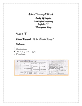 Technical University Of Manabi
                               Faculty Of Computer
                             Race System Engineering
                                  English 3 "C"
                               Metacognitive Diary

   Unit: 1 “C”
   Theme Discussed: At the Moulin Rouge?
   Relations:
 Present continues
 V the body, prepositions of place
 P vowel sound
 