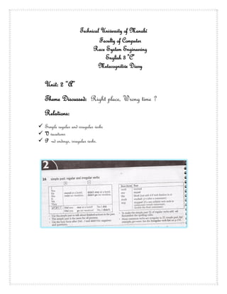 Technical University of Manabí
                                Faculty of Computer
                             Race System Engineering
                                  English 3 "C"
                               Metacognitive Diary

   Unit: 2 “A”
   Theme Discussed: Right place, Wrong time ?
   Relations:
 Simple regular and irregular verbs
 V vacations
 P -ed endings, irregular verbs.
 