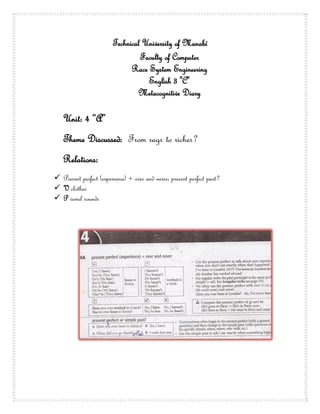 Technical University of Manabí
                                 Faculty of Computer
                              Race System Engineering
                                   English 3 "C"
                                Metacognitive Diary

   Unit: 4 “A”
   Theme Discussed: From rags to riches?
   Relations:
 Present perfect (experience) + ever and never; present perfect past?
 V clothes
 P vowel sounds
 