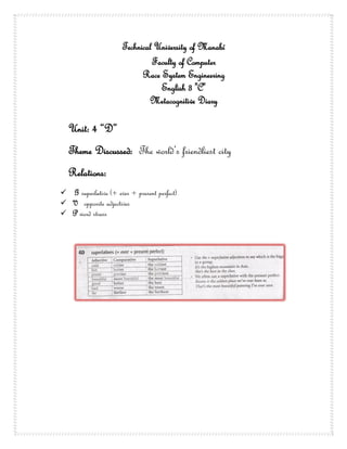 Technical University of Manabí
                               Faculty of Computer
                            Race System Engineering
                                 English 3 "C"
                              Metacognitive Diary

  Unit: 4 “D”
  Theme Discussed: The world’s friendliest city
  Relations:
 G superlative (+ ever + present perfect)
 V opposite adjectives
 P word stress
 