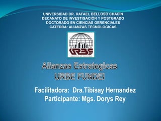 UNIVERSIDAD DR. RAFAEL BELLOSO CHACÍN
DECANATO DE INVESTIGACIÓN Y POSTGRADO
DOCTORADO EN CIENCIAS GERENCIALES
CATEDRA: ALIANZAS TECNOLOGICAS

Facilitadora: Dra.Tibisay Hernandez
Participante: Mgs. Dorys Rey

 