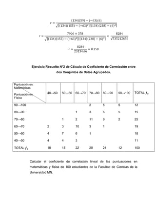 Ejercicio Resuelto N°2 de Cálculo de Coeficiente de Correlación entre
                            dos Conjuntos de Datos Agrupados.


Puntuación en
Matemáticas

Puntuación en         40→50     50→60    60→70    70→80    80→90     90→100     TOTAL
Física

90→100                                            2        5         5          12

80→90                                    1        3        6         5          15

70→80                           1        2        11       9         2          25

60→70                 2         3        10       3        1                    19

50→60                 4         7        6        1                             18

40→50                 4         4        3                                      11

TOTAL                 10        15       22       20       21        12         100



          Calcular el coeficiente de correlación lineal de las puntuaciones en
          matemáticas y física de 100 estudiantes de la Facultad de Ciencias de la
          Universidad MN.
 
