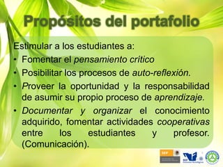 Propósitos del portafolioEstimular a los estudiantes a:  Fomentar el pensamiento críticoPosibilitar los procesos de auto-reflexión.Proveer la oportunidad y la responsabilidad de asumir su propio proceso de aprendizaje.Documentar y organizar el conocimiento adquirido, fomentar actividades cooperativas entre los estudiantes y profesor. (Comunicación).
