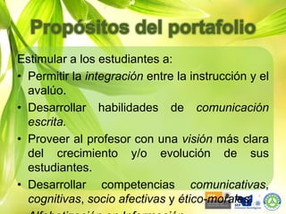 Propósitos del portafolioEstimular a los estudiantes a:  Permitir la integración entre la instrucción y el avalúo.Desarrollar habilidades de comunicación escrita.Proveer al profesor con una visión más clara del crecimiento y/o evolución de sus estudiantes.Desarrollar competencias comunicativas, cognitivas, socio afectivas y ético-morales.Alfabetización en Información.