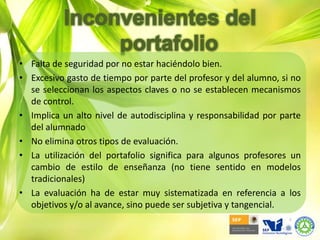Ventajas del portafolioPortafolio del estudianteNivel personalHerramienta evaluación formativa y sumativa,Identificación fortalezas y debilidades,Presenta el producto educativo tangible,Desarrolla destrezas de comunicación, creatividad y organización,Incorpora la tecnología al aprendizaje.Instancia evaluadoraFacilita la evaluación formativa del estudianteEs una información acumulativa, ensamblada y revisada a través del tiempo,Se concentra en lo que se ha hecho o puede hacer  y no en lo que no se ha hecho,Requiere que el estudiante  tome un rol más activo y responsable en su educación o en su trabajo.