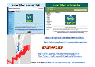 e-portafoli secundària                        e-portafoli universitat




                                 https://sites.google.com/site/portafoliplantilla/

                                 https://sites.google.com/site/eportafoliuniversitat/




                        https://sites.google.com/site/portafolidetutoria/
                        https://sites.google.com/site/xavitutoria/les-eines

              Com fer un portafoli http://www.xtec.cat/~nalart/coleccio/WQ_PORTFOLIO/index.htm
 