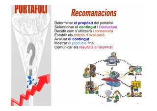 Determinar el propòsit del portafoli
Seleccionar el contingut i l’estructura
Decidir com s’utilitzarà i conservarà
Establir els criteris d’avaluació
Avaluar el contingut.
Mostrar el producte final.
Comunicar els resultats a l’alumnat
 