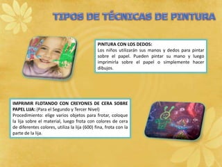 PINTURA CON LOS DEDOS:
                                              Los niños utilizarán sus manos y dedos para pintar
                                              sobre el papel. Pueden pintar su mano y luego
                                              imprimirla sobre el papel o simplemente hacer
                                              dibujos.




IMPRIMIR FLOTANDO CON CREYONES DE CERA SOBRE
PAPEL LIJA: (Para el Segundo y Tercer Nivel)
Procedimiento: elige varios objetos para frotar, coloque
la lija sobre el material, luego frota con colores de cera
de diferentes colores, utiliza la lija (600) fina, frota con la
parte de la lija.
 