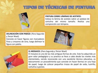 PINTURA SOBRE LÁMINAS DE ACETATO:
                                              Coloca la lámina de acetato sobre un pedazo de
                                              cartulina del mismo tamaño. Realiza una
                                              composición con témpera.



DELINEACIÓN CON PABILO: (Para Segundo
y Tercer Nivel)
Consiste en hacer figuras con marcadores
finos y creyones de cera, luego delinear la
figura con pabilo.


                         EL MOSAICO: (Para Segundo y Tercer Nivel)
                         El mosaico es una de las más antiguas formas de arte. Este ha adquirido un
                         gran valor pedagógico y su practica se lleva a cabo desde los niveles más
                         elementales, siendo reconocida con una excelente técnica educativa, es
                         básicamente un procedimiento que consiste en hacer formas en una hoja
                         de papel, luego de colocar pequeños trozos de papel de seda, lustrillo,
                         cartulina o granos.
 