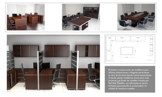 Escritorio         Escritorio               Escritorio
                                                         Estante

             85
                        250                  250



       165                                               Estante


                                                                   250


 90                                   140                Estante




             150
                                220
                                                                         4




El diseño y construcción de mobiliario para
oficinas, Instituciones y Hogares particulares
es otra de las áreas donde somos especialistas,
Creando piezas mobiliarias únicas para cada
                                      2° piso
proyecto. Las líneas de muebles creadas por
Surreal Diseño, son fabricadas en series
limitadas, garantizando la exclusividad y la
calidad de nuestros muebles.
 