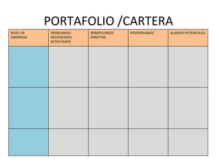 PORTAFOLIO /CARTERA  NIVEL DE ABORDAJE  PROBLEMAS/ NECESIDADES DETECTADAS BENEFICIARIOS  DIRECTOS  RESPONSABLES  ALIADOS POTENCIALES 