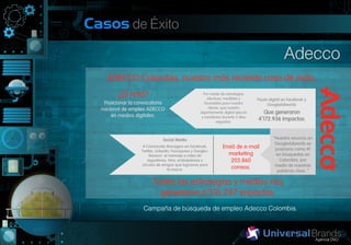 Casos de Éxito

                                                                                                  Adecco
    ADECCO Colombia, nuestro más reciente caso de éxito.
         ¿El reto?                                     Por medio de estrategias
                                                          efectivas, medibles y     Pauta digital en Facebook y
   Posicionar la convocatoria                           favorables para nuestro          GoogleAdwords
  nacional de empleo ADECCO                               cliente, que nuestro
                                                     departamento digital ejecuto      Que generaron
      en medios digitales.                            y monitoreo durante 3 días
                                                                seguidos.
                                                                                    4´172.936 Impactos.


                               Social Media                                                 “Nuestro anuncio en
                                                                                             GoogleAdwords se
                    4 Community Managers en Facebook,             Envió de e-mail            posiciono como #1
                   Twitter, Linkedin, Foursquare y Google+
                        llevaron el mensaje a miles de              marketing                 en búsquedas en
                       seguidores, fans, embajadores y               203.860                   Colombia, por
                   círculos de amigos que logramos para                                      medio de nuestras
                                   la marca.                          correos.
                                                                                              palabras clave .”

                         Todas las estrategias y medios nos
                           generaron 6´316.247 impactos.
                    Campaña de búsqueda de empleo Adecco Colombia.
 